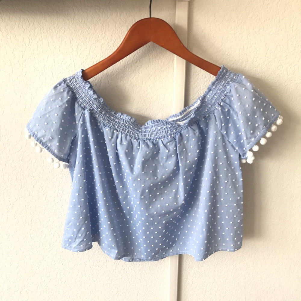 Love, Fire Light Blue and White Pom-Pom Shirt NWT - Picture 3 of 6